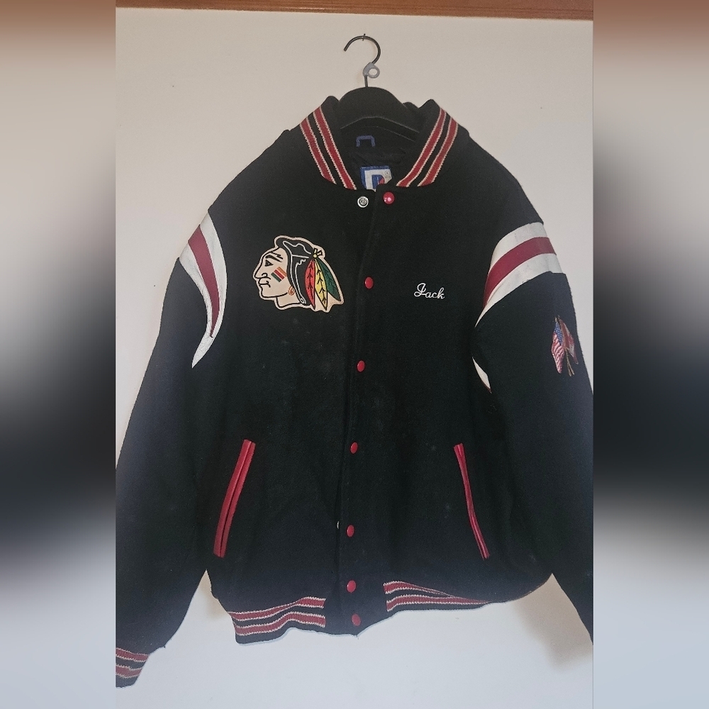 Vintage 80s 90s Rennoc Chiefs Hockey Varsity Jacket Wool & Leather Trim – Black